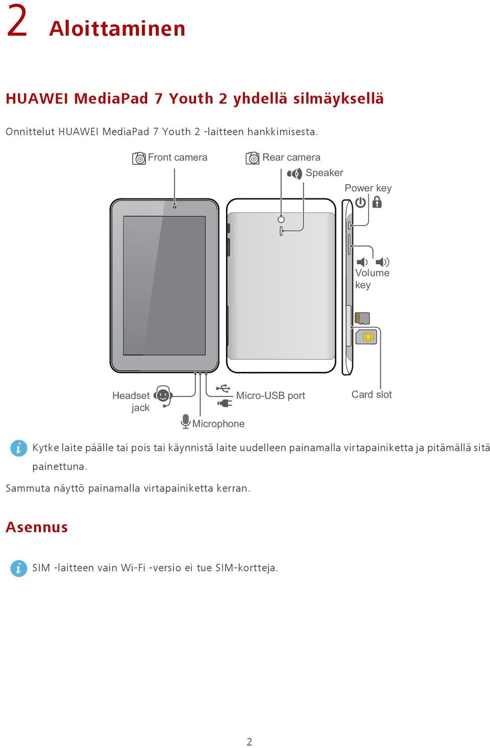 Front camera Rear camera Speaker Power key Volume key Headset jack Microphone Micro-USB port Card slot Kytke