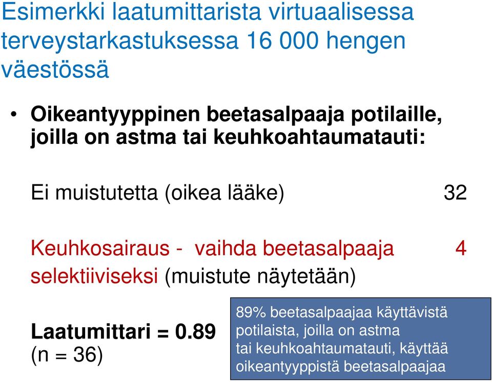 Keuhkosairaus - vaihda beetasalpaaja 4 selektiiviseksi (muistute näytetään) Laatumittari = 0.