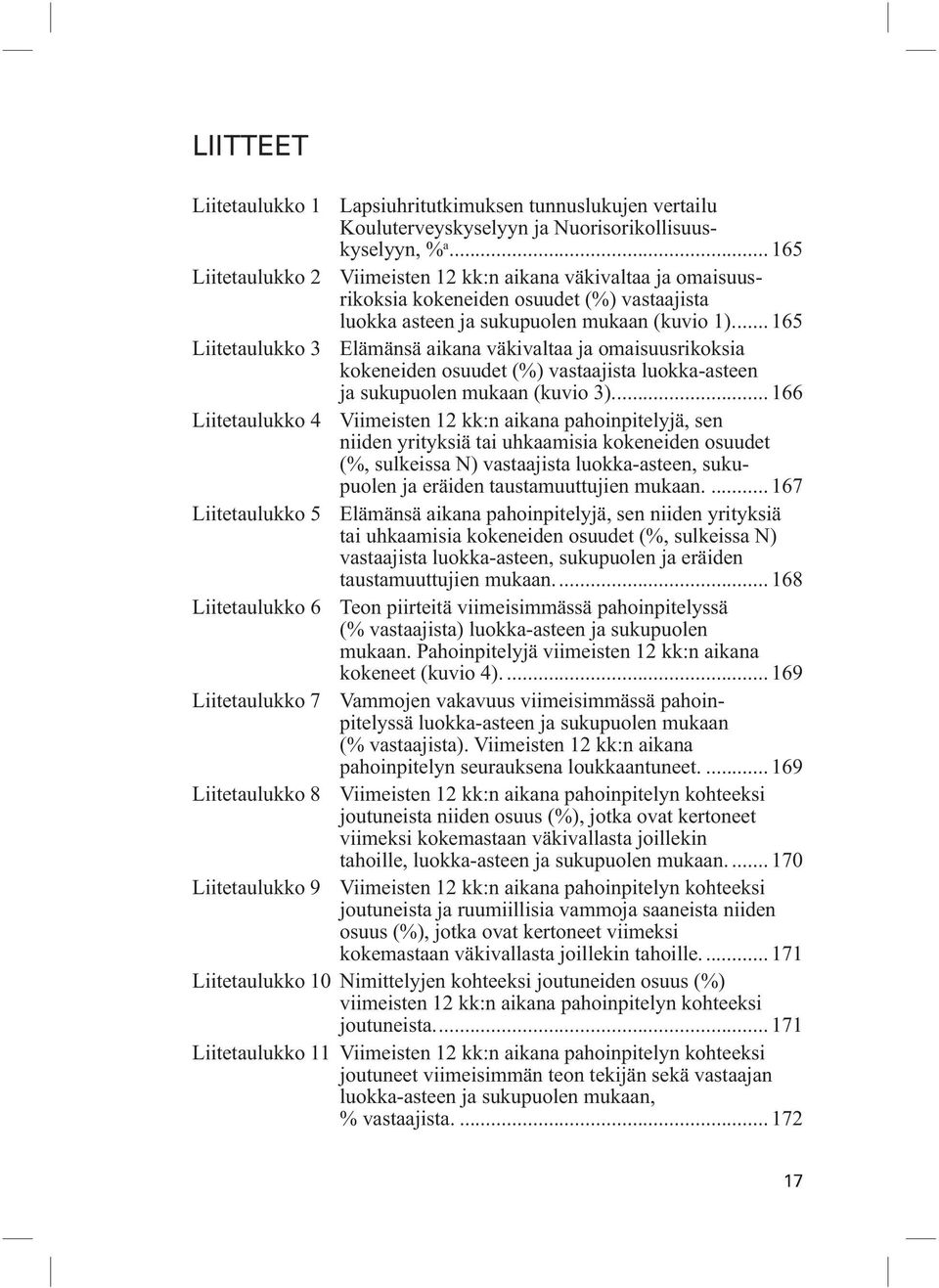 ... 165 Liitetaulukko 3 Elämänsä aikana väkivaltaa ja omaisuusrikoksia kokeneiden osuudet (%) vastaajista luokka-asteen ja sukupuolen mukaan (kuvio 3).