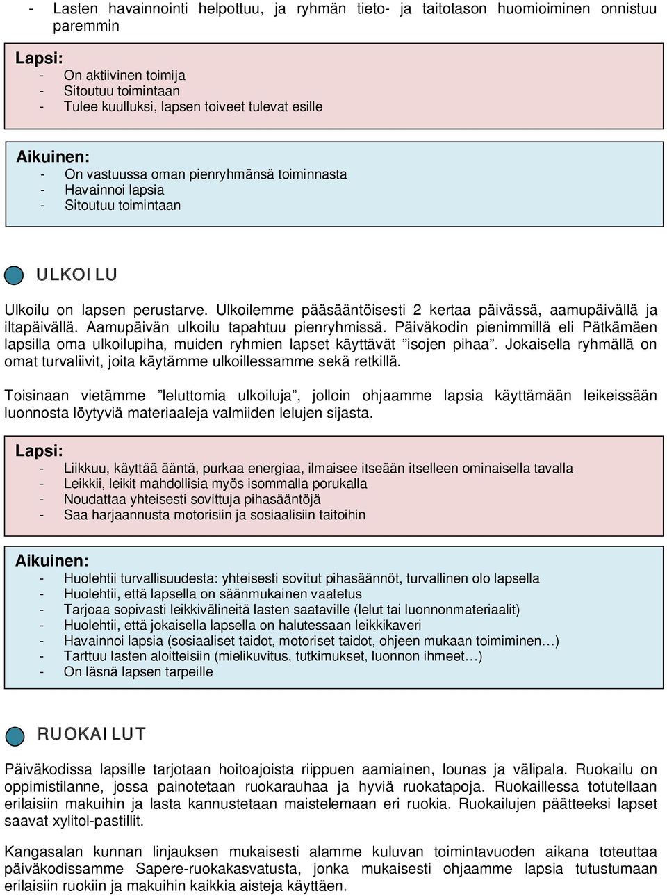 Aamupäivän ulkoilu tapahtuu pienryhmissä. Päiväkodin pienimmillä eli Pätkämäen lapsilla oma ulkoilupiha, muiden ryhmien lapset käyttävät isojen pihaa.