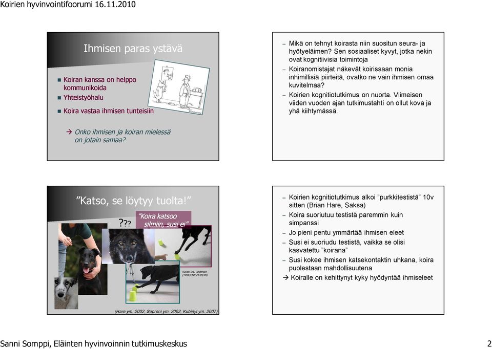 Koirien kognitiotutkimus on nuorta. Viimeisen viiden vuoden ajan tutkimustahti on ollut kova ja yhä kiihtymässä. à Onko ihmisen ja koiran mielessä on jotain samaa? Katso, se löytyy tuolta!