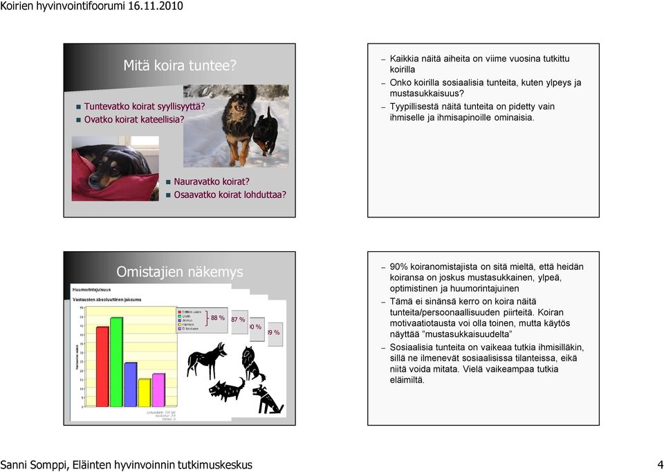 Tyypillisestä näitä tunteita on pidetty vain ihmiselle ja ihmisapinoille ominaisia. Nauravatko koirat? Osaavatko koirat lohduttaa?