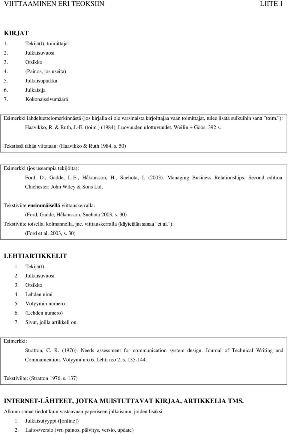 Luovuuden ulottuvuudet. Weilin + Göös. 392 s. Tekstissä tähän viitataan: (Haavikko & Ruth 1984, s. 50) Esimerkki (jos useampia tekijöitä): Ford, D., Gadde, L-E., Håkansson, H., Snehota, I. (2003).