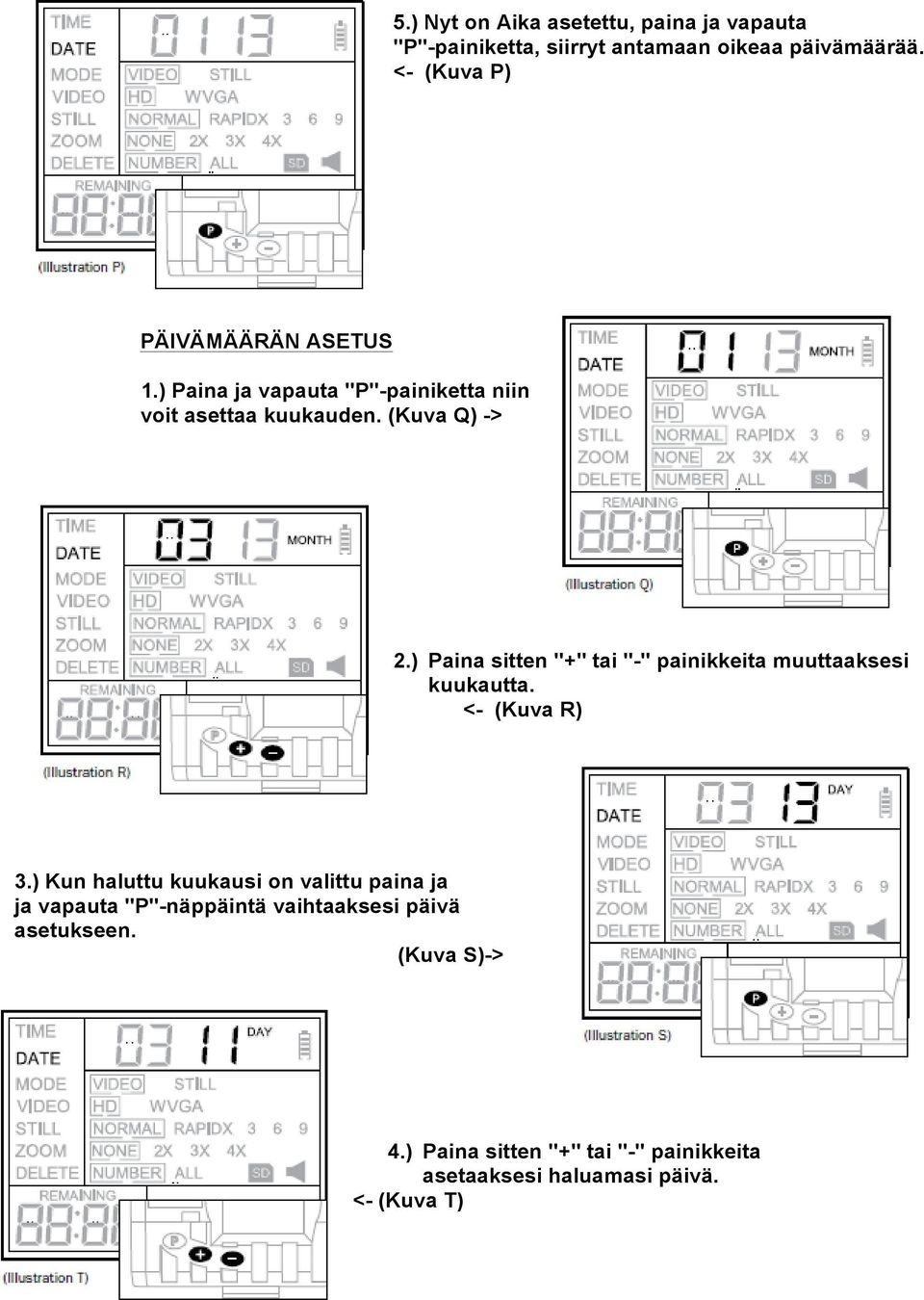 ) Paina sitten "+" tai "-" painikkeita muuttaaksesi kuukautta. <- (Kuva R) 3.