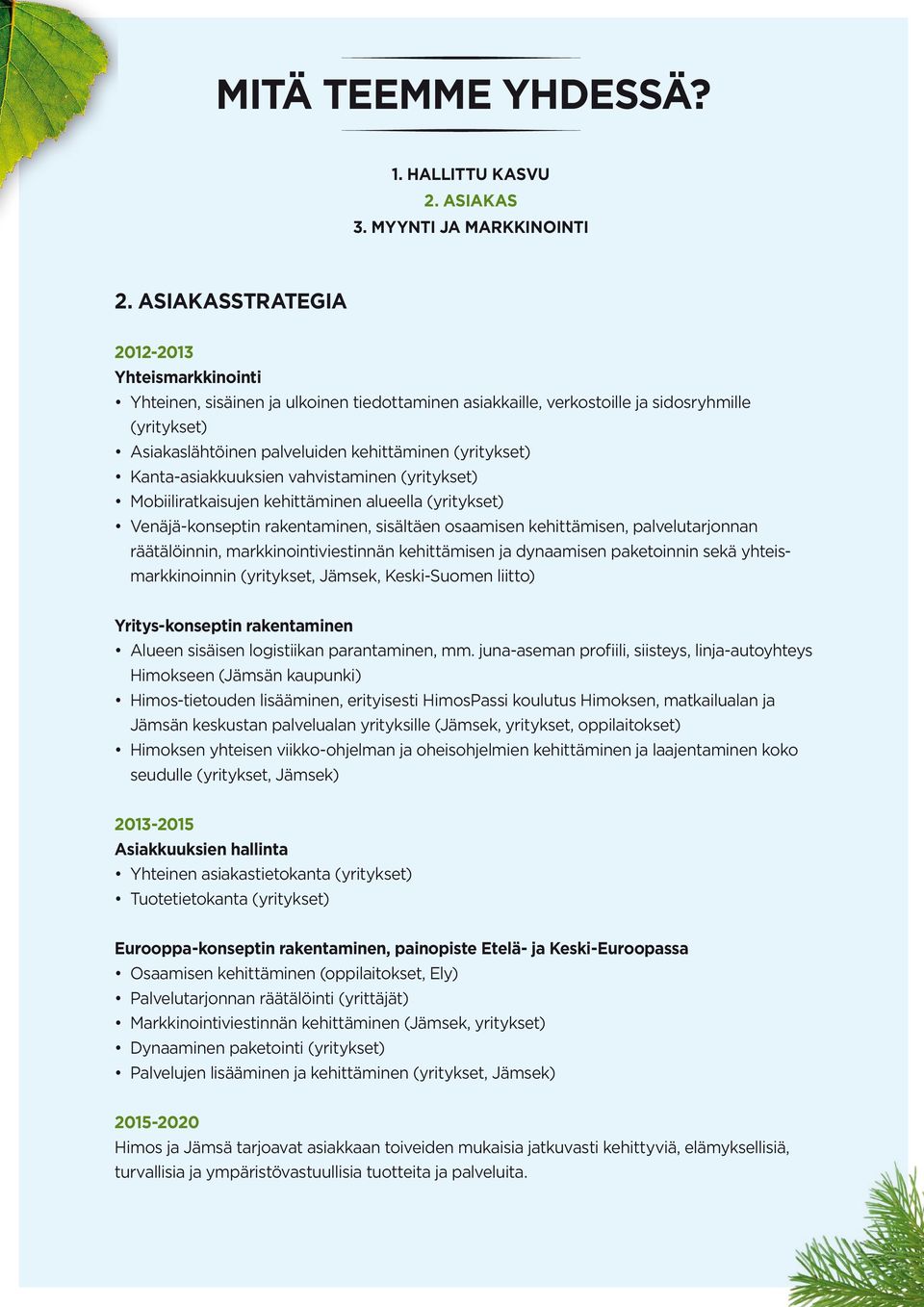 Kanta-asiakkuuksien vahvistaminen (yritykset) Mobiiliratkaisujen kehittäminen alueella (yritykset) Venäjä-konseptin rakentaminen, sisältäen osaamisen kehittämisen, palvelutarjonnan räätälöinnin,