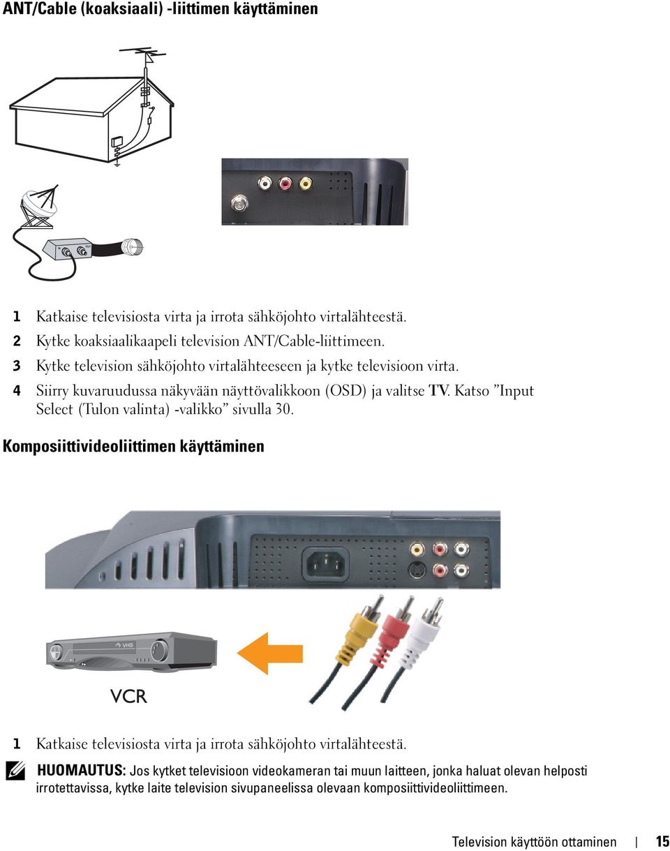 Katso Input Select (Tulon valinta) -valikko sivulla 30. Komposiittivideoliittimen käyttäminen 1 Katkaise televisiosta virta ja irrota sähköjohto virtalähteestä.