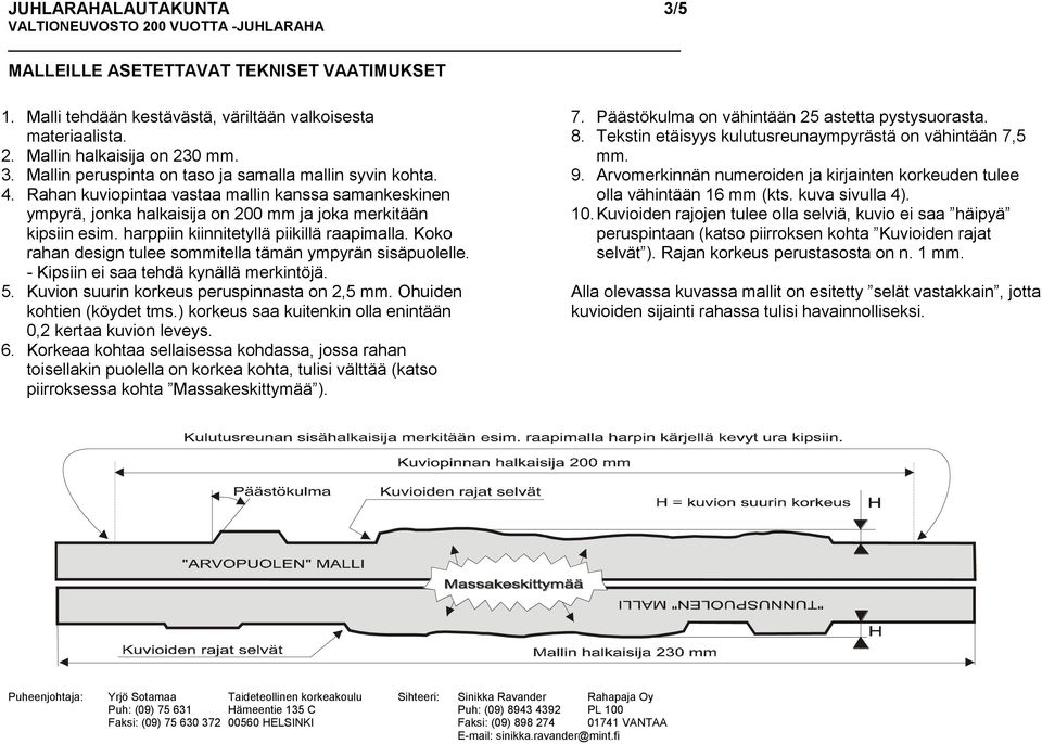 Koko rahan design tulee sommitella tämän ympyrän sisäpuolelle. - Kipsiin ei saa tehdä kynällä merkintöjä. 5. Kuvion suurin korkeus peruspinnasta on 2,5 mm. Ohuiden kohtien (köydet tms.