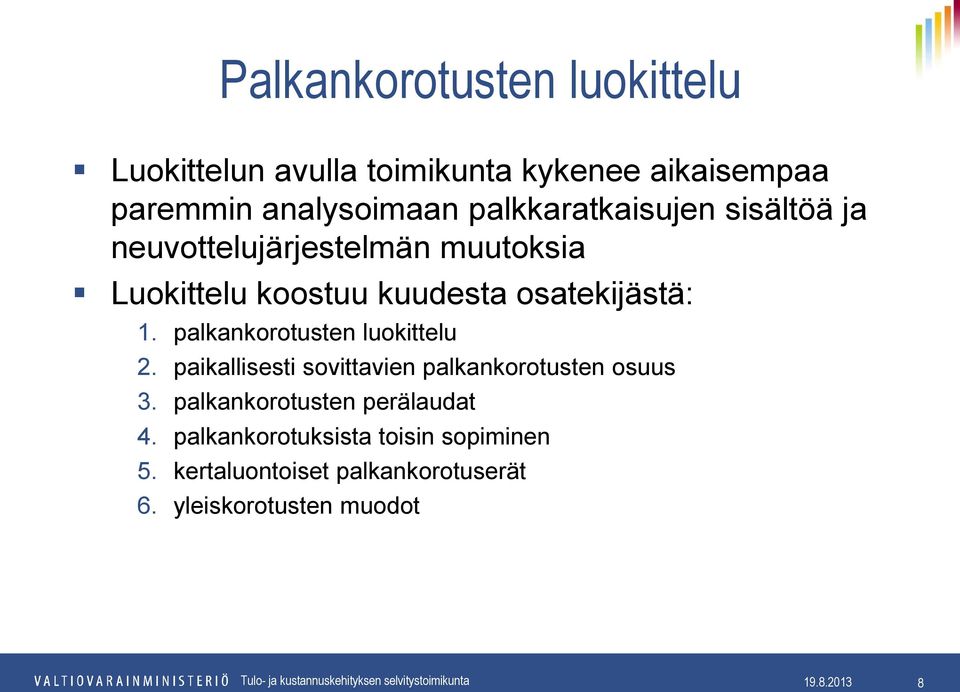 palkankorotusten luokittelu 2. paikallisesti sovittavien palkankorotusten osuus 3.