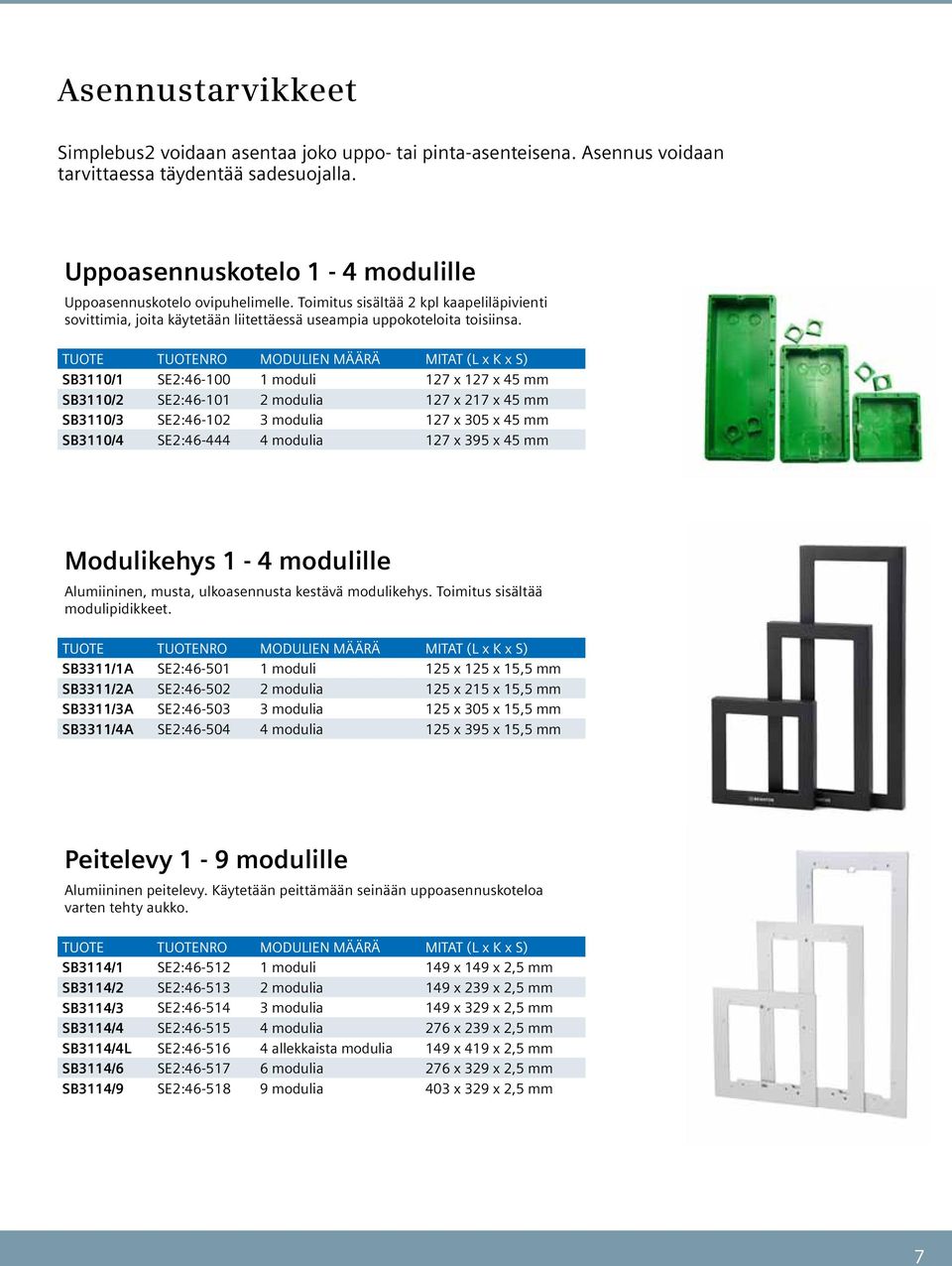 TUOTE TUOTENRO MODULIEN MÄÄRÄ MITAT (L x K x S) SB0/ SE:-00 moduli 7 x 7 x mm SB0/ SE:-0 7 x 7 x mm SB0/ SE:-0 7 x 0 x mm SB0/ SE:- 7 x 9 x mm Modulikehys - modulille Alumiininen, musta,