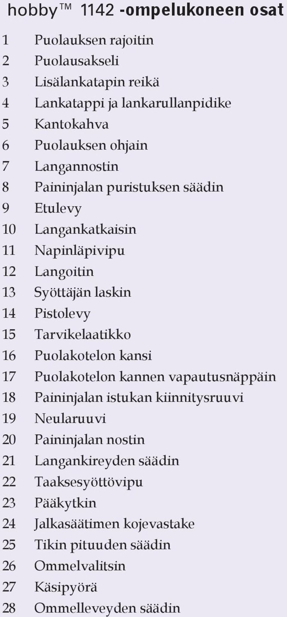 Tarvikelaatikko 16 Puolakotelon kansi 17 Puolakotelon kannen vapautusnäppäin 18 Paininjalan istukan kiinnitysruuvi 19 Neularuuvi 20 Paininjalan nostin 21