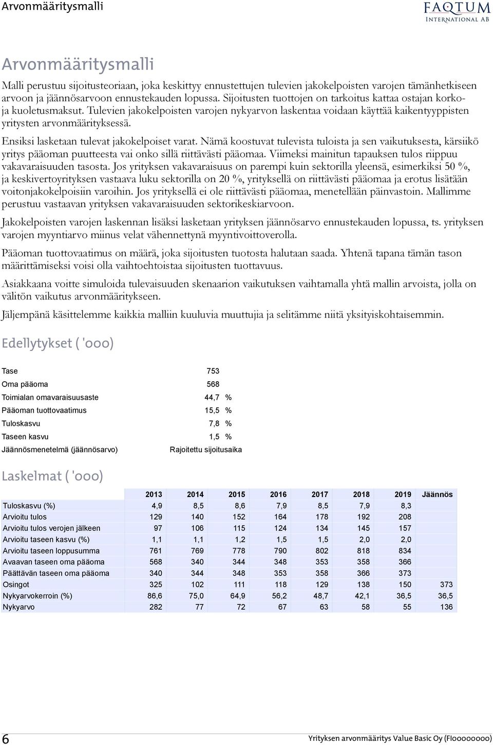 Ensiksi lasketaan tulevat jakokelpoiset varat. Nämä koostuvat tulevista tuloista ja sen vaikutuksesta, kärsiikö yritys pääoman puutteesta vai onko sillä riittävästi pääomaa.