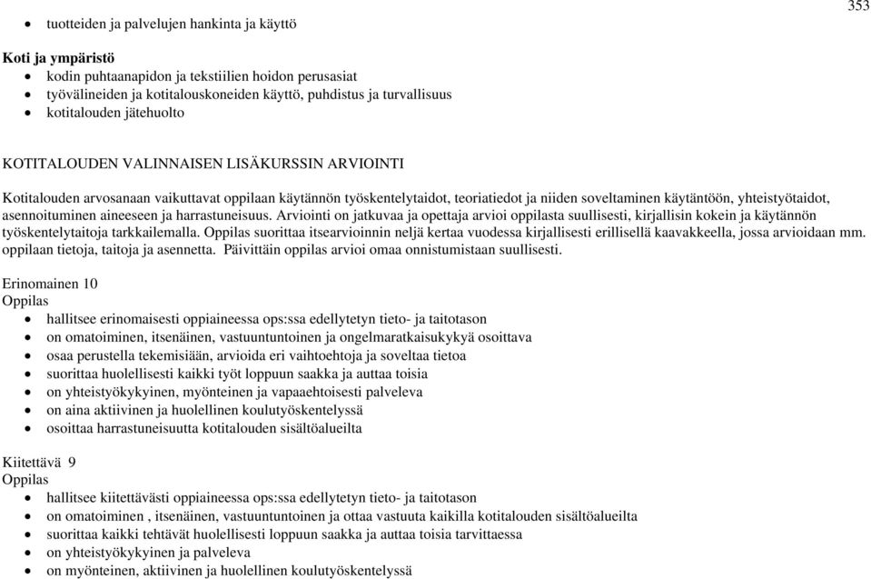 yhteistyötaidot, asennoituminen aineeseen ja harrastuneisuus. Arviointi on jatkuvaa ja opettaja arvioi oppilasta suullisesti, kirjallisin kokein ja käytännön työskentelytaitoja tarkkailemalla.