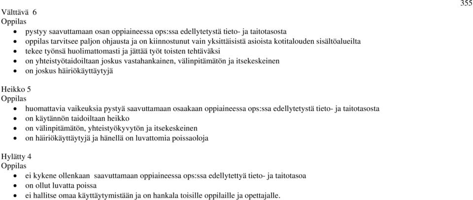 huomattavia vaikeuksia pystyä saavuttamaan osaakaan oppiaineessa ops:ssa edellytetystä tieto- ja taitotasosta on käytännön taidoiltaan heikko on välinpitämätön, yhteistyökyvytön ja itsekeskeinen on