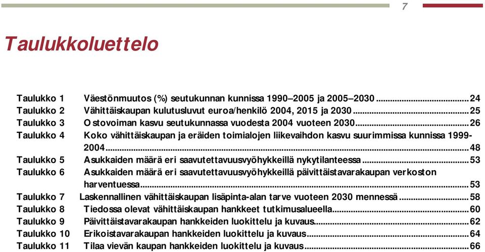 ..48 Taulukko 5 Asukkaiden määrä eri saavutettavuusvyöhykkeillä nykytilanteessa...53 Taulukko 6 Asukkaiden määrä eri saavutettavuusvyöhykkeillä päivittäistavarakaupan verkoston harventuessa.