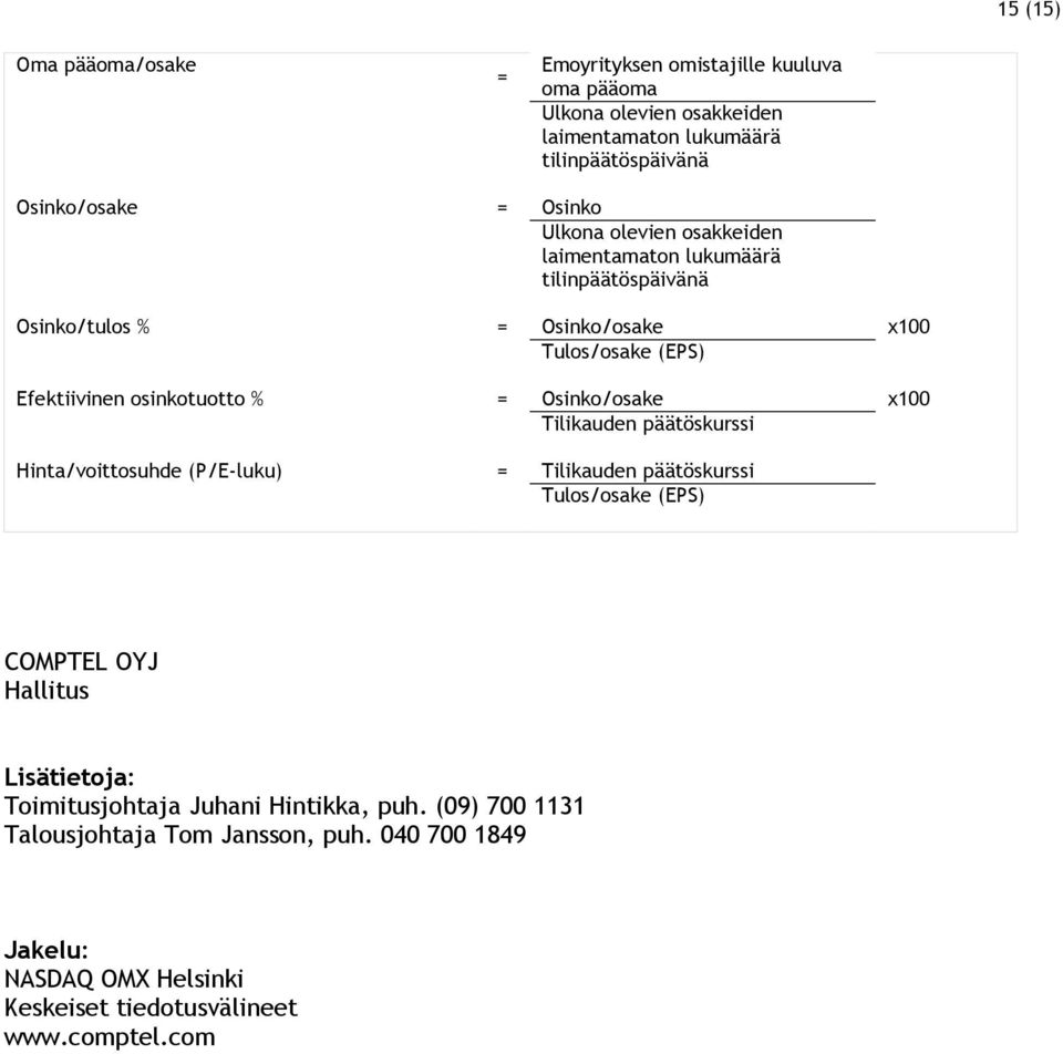 Osinko/osake x100 Tilikauden päätöskurssi Hinta/voittosuhde (P/E-luku) = Tilikauden päätöskurssi Tulos/osake (EPS) COMPTEL OYJ Hallitus Lisätietoja: