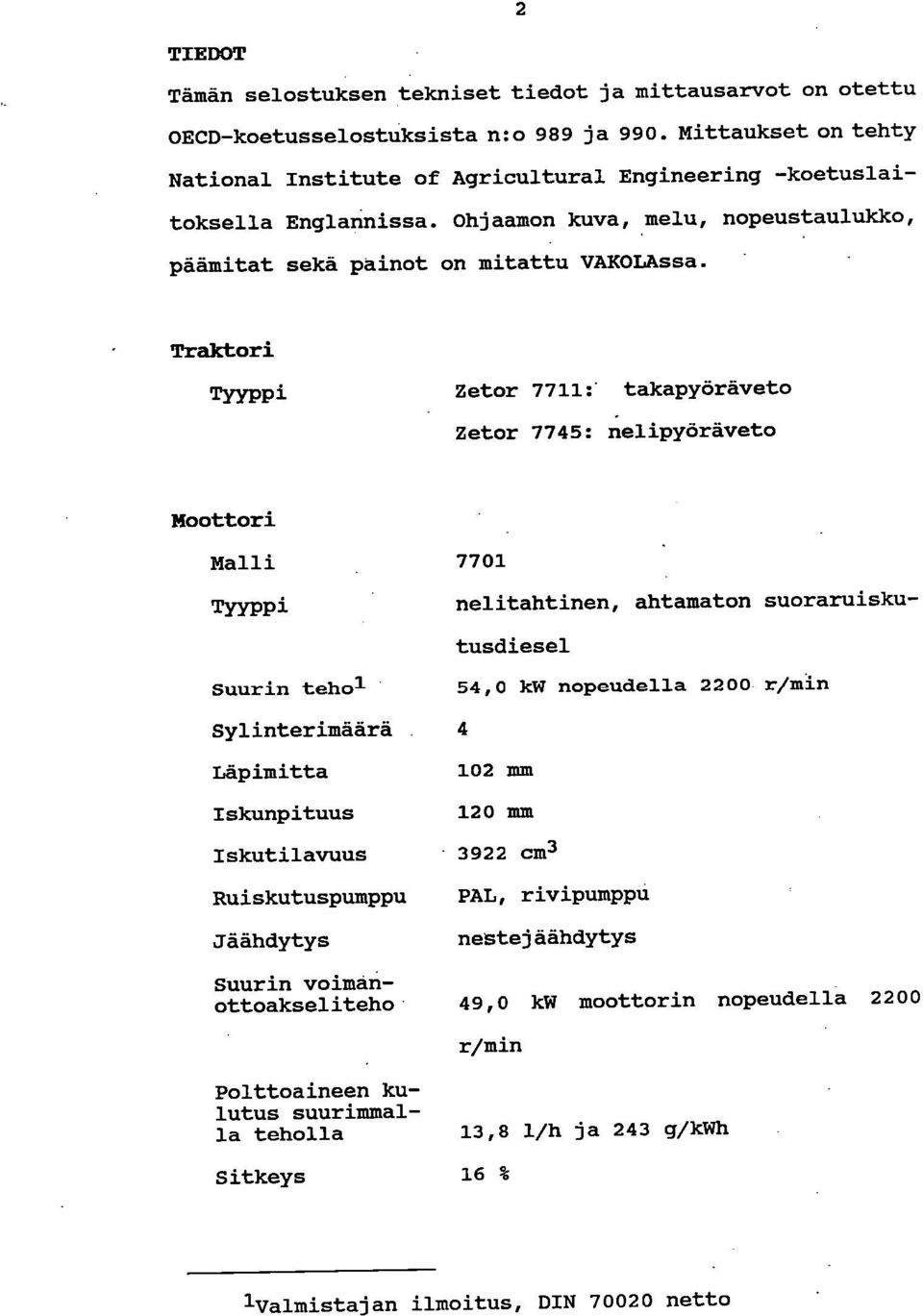 tehol Sylinterimäärä 4 Läpimitta Iskunpituus Iskutilavuus Ruiskutuspumppu Jäähdytys nelitahtinen, ahtamaton suoraruisku- tusdiesel 54,0 kw nopeudella 2200 r/min 102 mm 120 mm 3922 cm3 PAL,