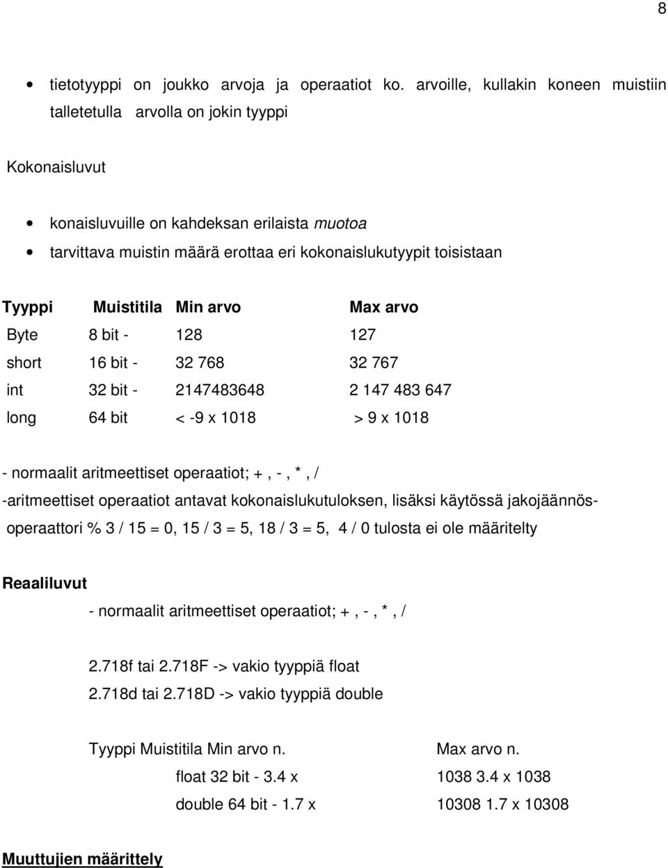 Tyyppi Muistitila Min arvo Max arvo Byte 8 bit - 128 127 short 16 bit - 32 768 32 767 int 32 bit - 2147483648 2 147 483 647 long 64 bit < -9 x 1018 > 9 x 1018 - normaalit aritmeettiset operaatiot; +,