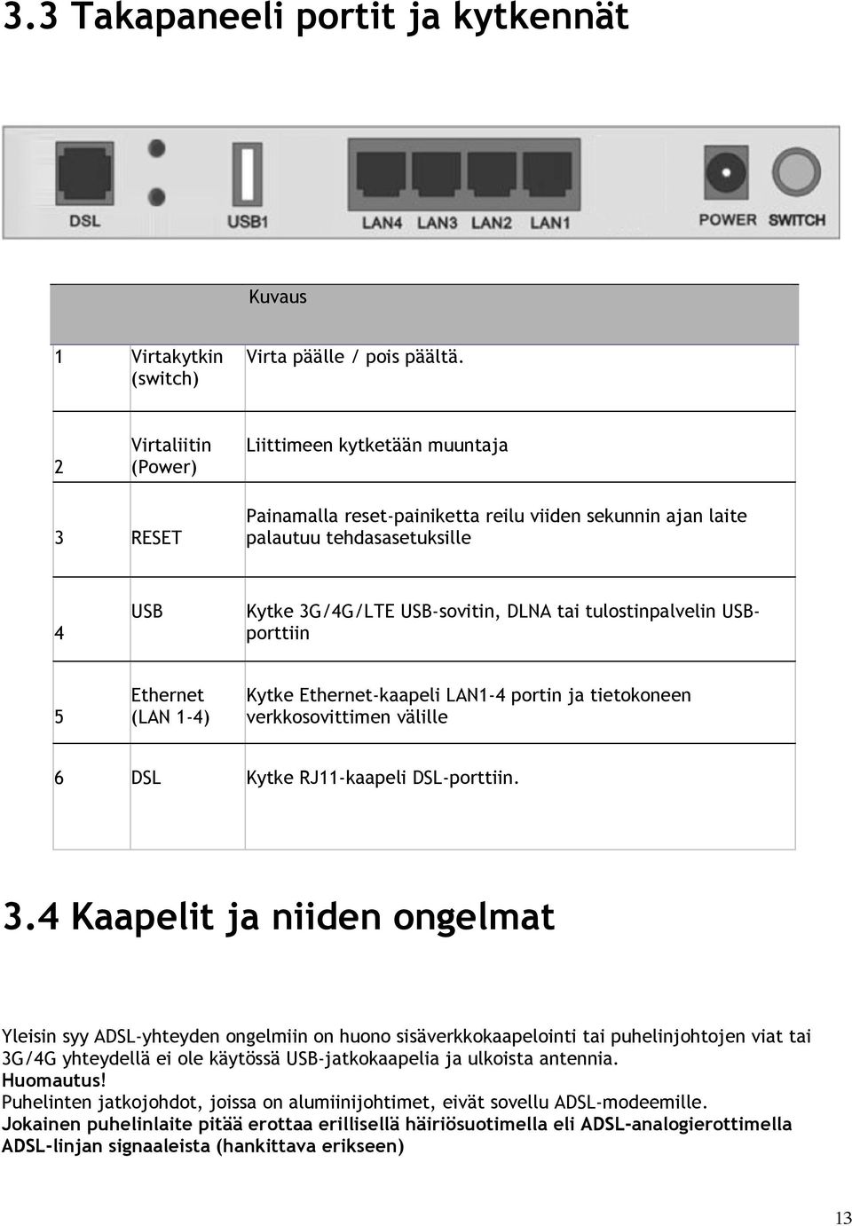 tulostinpalvelin USBporttiin 5 Ethernet (LAN 1-4) Kytke Ethernet-kaapeli LAN1-4 portin ja tietokoneen verkkosovittimen välille 6 DSL Kytke RJ11-kaapeli DSL-porttiin. 3.