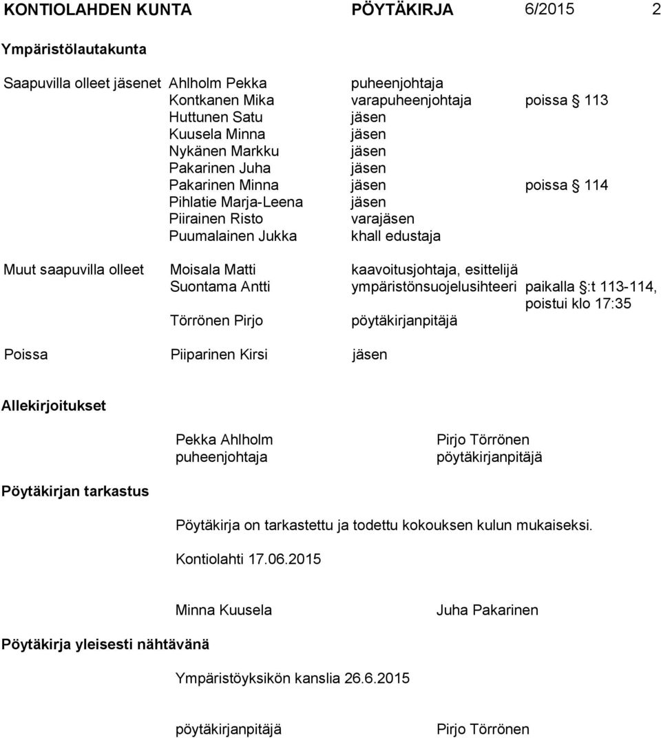 kaavoitusjohtaja, esittelijä Suontama Antti ympäristönsuojelusihteeri paikalla :t 113-114, poistui klo 17:35 Törrönen Pirjo pöytäkirjanpitäjä Poissa Piiparinen Kirsi jäsen Allekirjoitukset Pekka