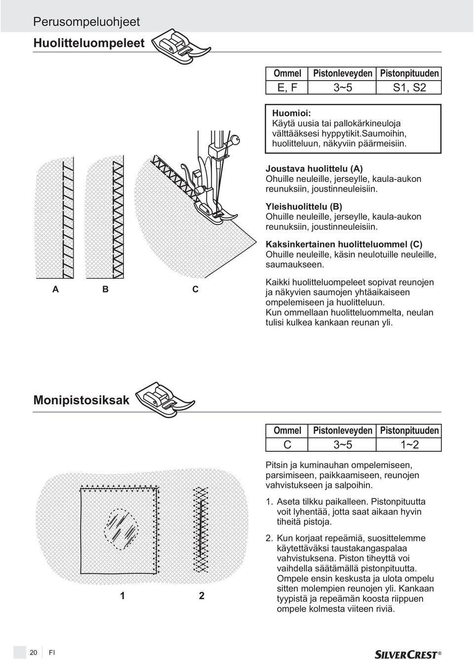 Yleishuolittelu (B) Ohuille neuleille, jerseylle, kaula-aukon reunuksiin, joustinneuleisiin. Kaksinkertainen huolitteluommel (C) Ohuille neuleille, käsin neulotuille neuleille, saumaukseen.