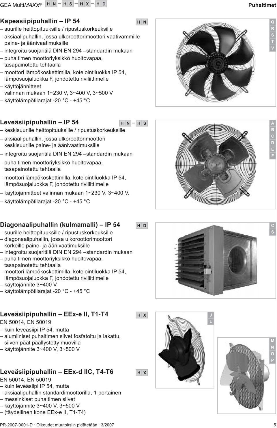 johdotettu riviliittimelle käyttöjännitteet valinnan mukaan ~230 V, 3~400 V, 3~500 V käyttölämpötilarajat -20 - +45 H N Q R T V Leveäsiipipuhallin IP 54 H N keskisuurille heittopituuksille /