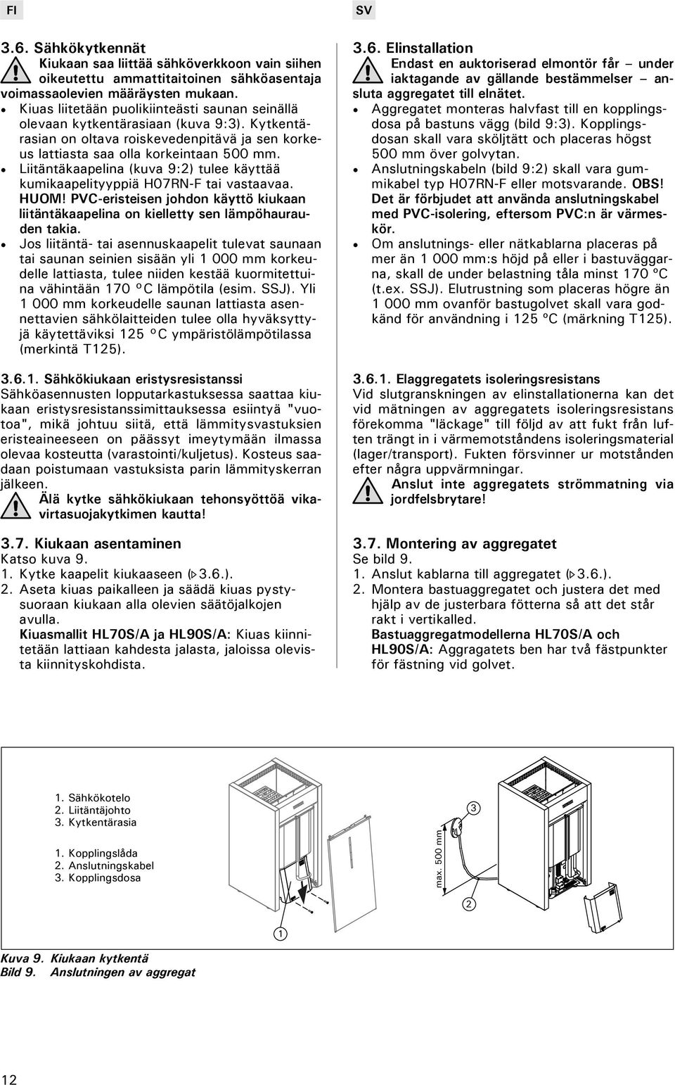 Liitäntäkaapelina (kuva 9:2) tulee käyttää kumikaapelityyppiä H07RN-F tai vastaavaa. HUOM! PVC-eristeisen johdon käyttö kiukaan liitäntäkaapelina on kielletty sen lämpöhaurauden takia.