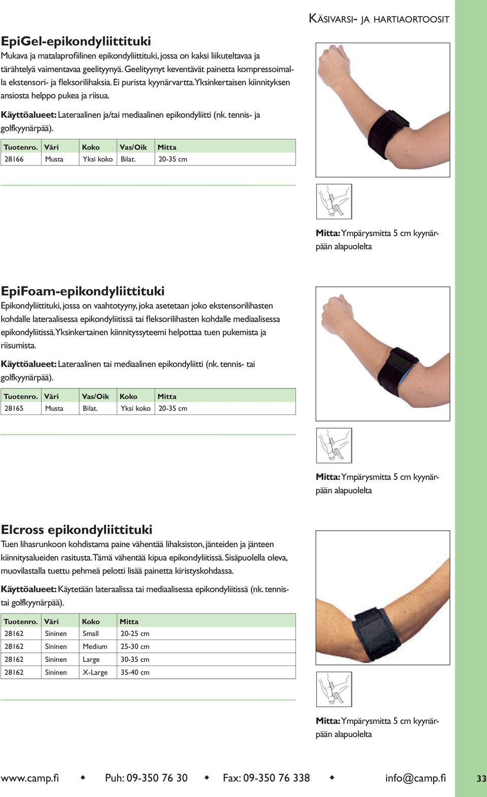 Käyttöalueet: Lateraalinen ja/tai mediaalinen epikondyliitti (nk. tennis- ja golfkyynärpää). Tuotenro. Väri Koko Vas/Oik Mitta 28166 Musta Yksi koko Bilat.