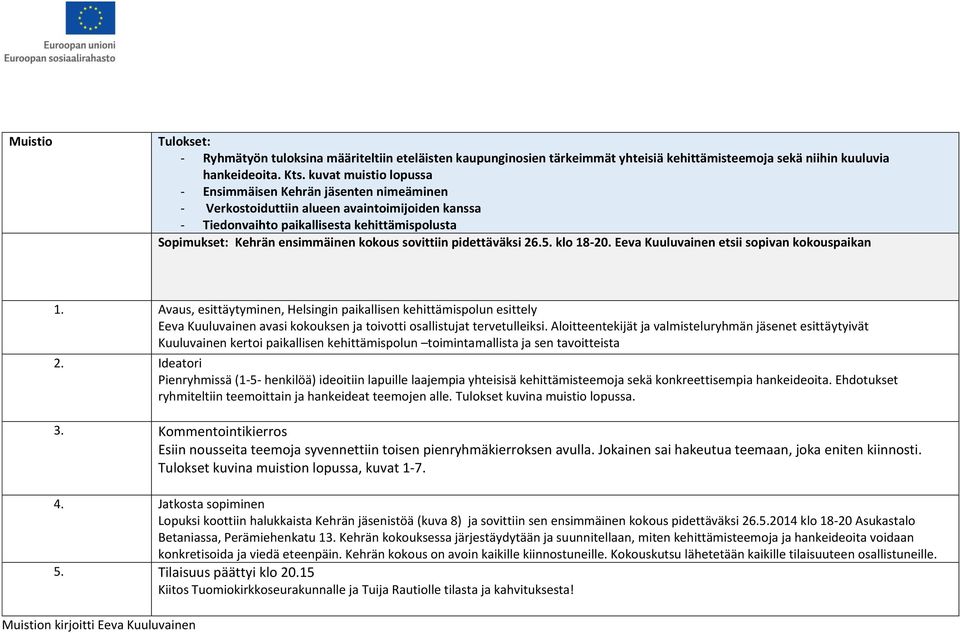 sovittiin pidettäväksi 26.5. klo 18-20. Eeva Kuuluvainen etsii sopivan kokouspaikan 1.