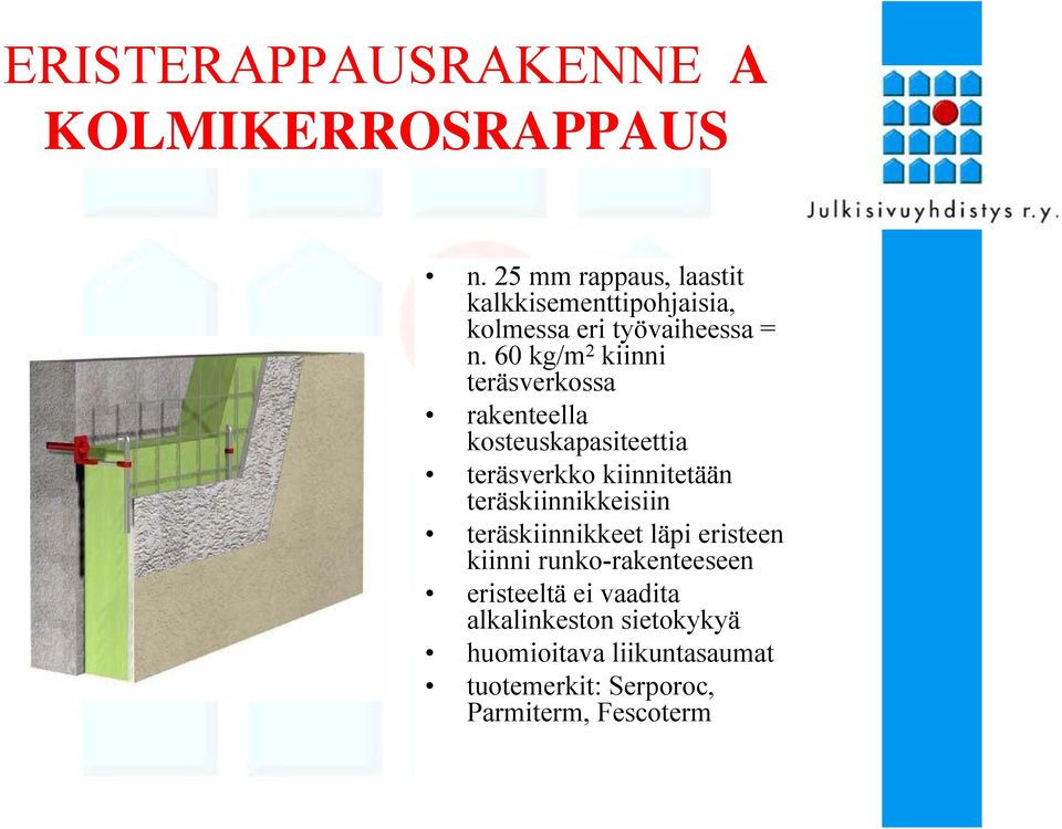 60 kg/m 2 kiinni teräsverkossa rakenteella kosteuskapasiteettia teräsverkko kiinnitetään