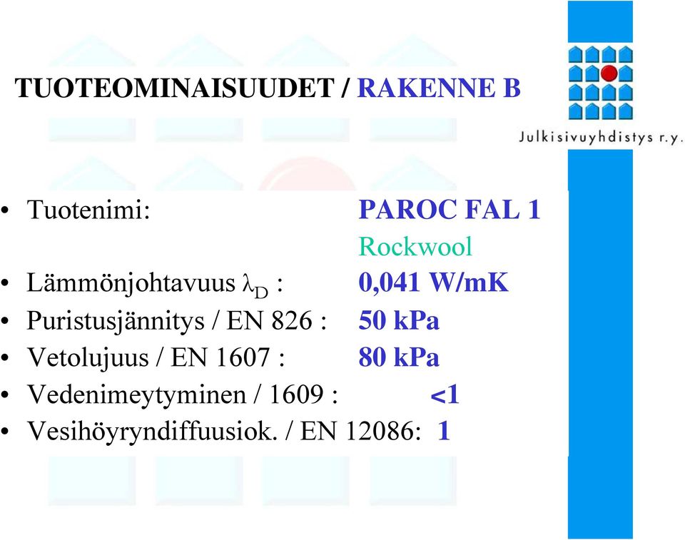 Puristusjännitys / EN 826 : 50 kpa Vetolujuus / EN 1607