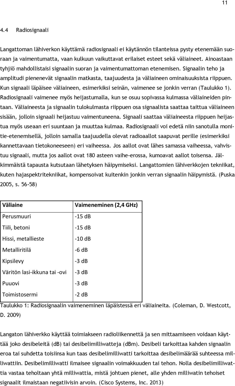Kun signaali läpäisee väliaineen, esimerkiksi seinän, vaimenee se jonkin verran (Taulukko 1). Radiosignaali vaimenee myös heijastumalla, kun se osuu sopivassa kulmassa väliaineiden pintaan.