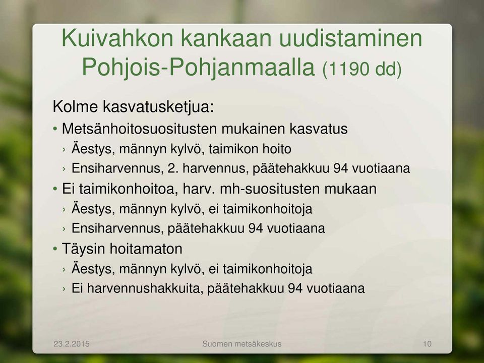 harvennus, päätehakkuu 94 vuotiaana Ei taimikonhoitoa, harv.