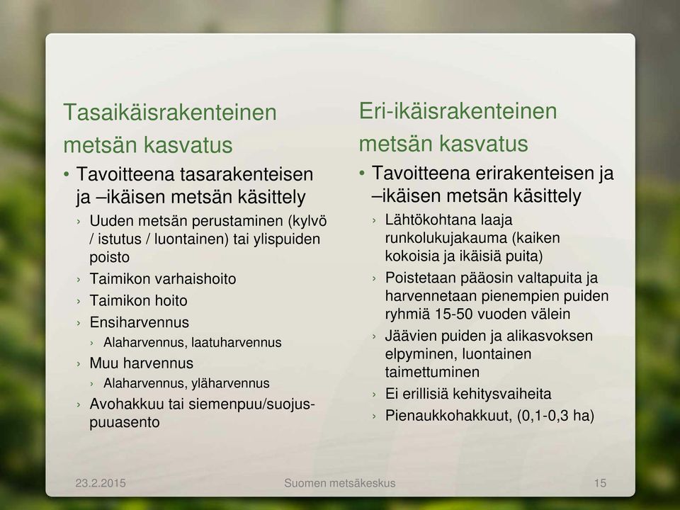 kasvatus Tavoitteena erirakenteisen ja ikäisen metsän käsittely Lähtökohtana laaja runkolukujakauma (kaiken kokoisia ja ikäisiä puita) Poistetaan pääosin valtapuita ja harvennetaan