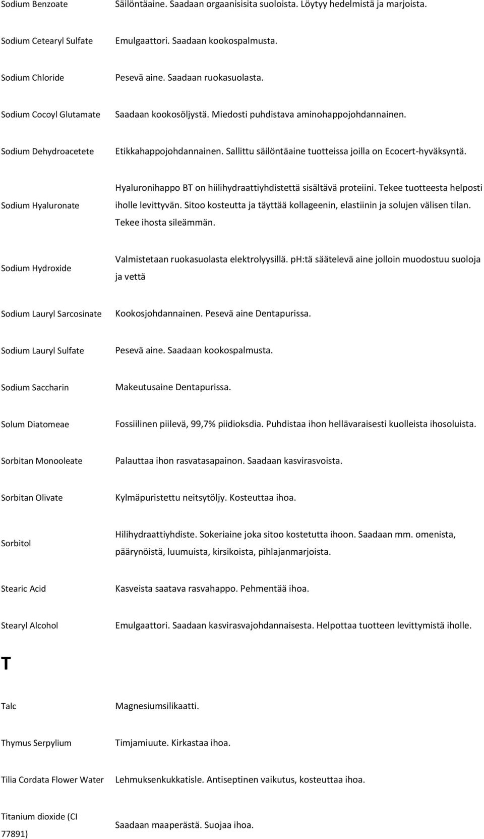 Sallittu säilöntäaine tuotteissa joilla on Ecocert-hyväksyntä. Sodium Hyaluronate Hyaluronihappo BT on hiilihydraattiyhdistettä sisältävä proteiini. Tekee tuotteesta helposti iholle levittyvän.