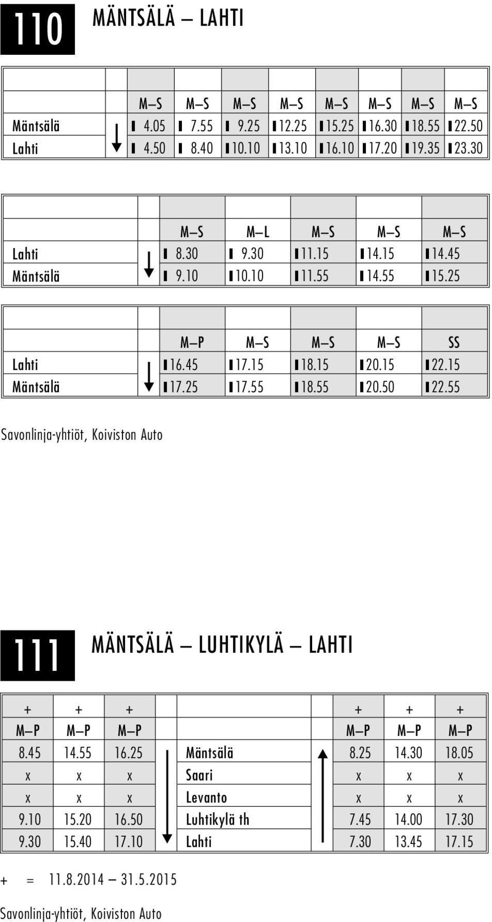 55 18.55 20.50 22.55 Savonlinja-yhtiöt, Koiviston Auto 111 MÄNTSÄLÄ LUHTIKYLÄ LAHTI + + + + + + M P M P M P M P M P M P 8.45 14.55 16.25 Mäntsälä 8.25 14.30 18.