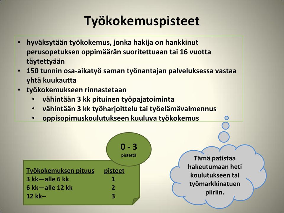 työpajatoiminta vähintään 3 kk työharjoittelu tai työelämävalmennus oppisopimuskoulutukseen kuuluva työkokemus Työkokemuksen pituus