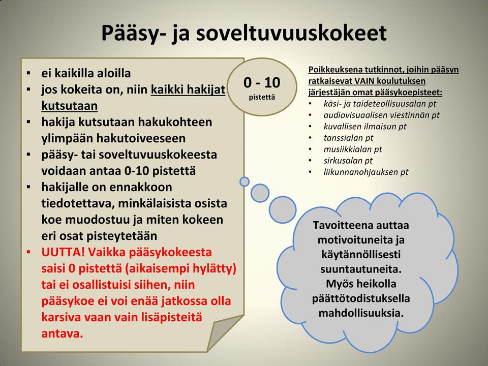 Vaikka pääsykokeesta saisi 0 pistettä (aikaisempi hylätty) tai ei osallistuisi siihen, niin pääsykoe ei voi enää jatkossa olla karsiva vaan vain lisäpisteitä antava.