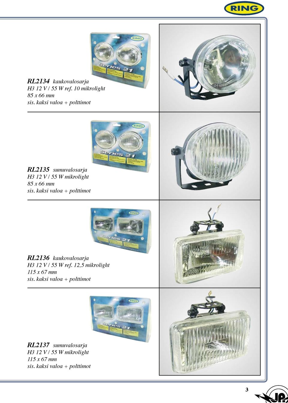 kaksi valoa + polttimot RL2136 kaukovalosarja H3 12 V / 55 W ref.