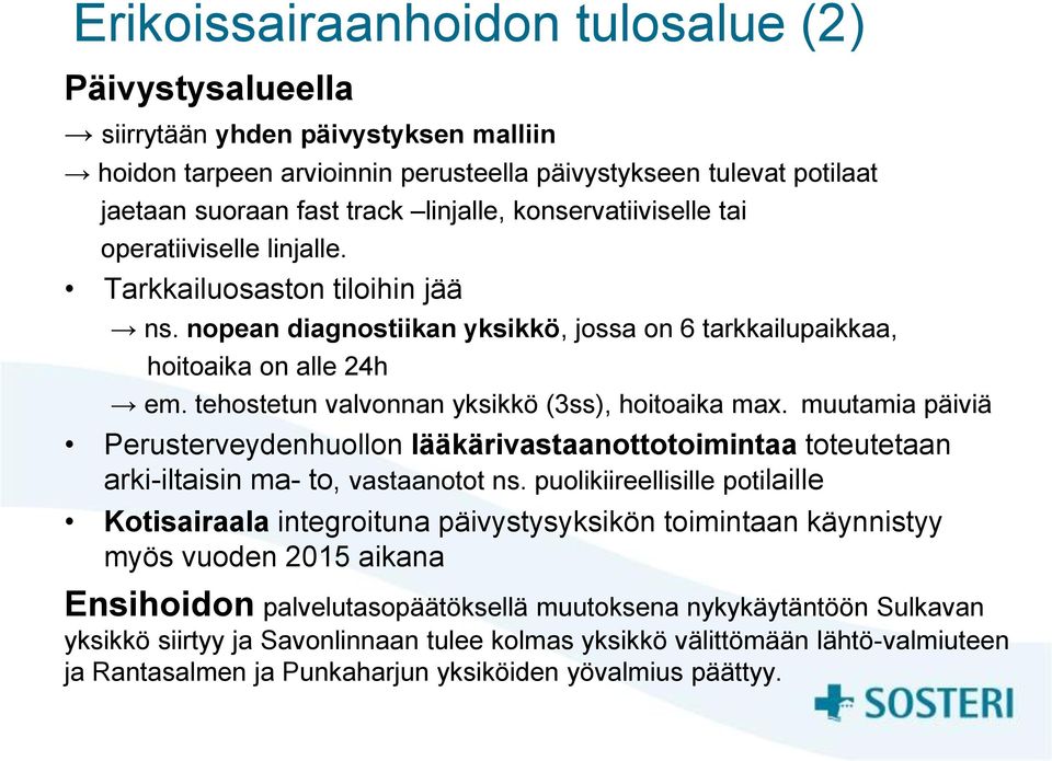 tehostetun valvonnan yksikkö (3ss), hoitoaika max. muutamia päiviä Perusterveydenhuollon lääkärivastaanottotoimintaa toteutetaan arki-iltaisin ma- to, vastaanotot ns.