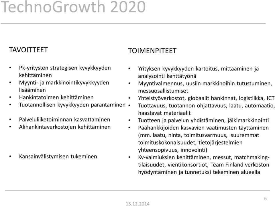 markkinoihin tutustuminen, messuosallistumiset Yhteistyöverkostot, globaalit hankinnat, logistiikka, ICT Tuottavuus, tuotannon ohjattavuus, laatu, automaatio, haastavat materiaalit Tuotteen ja