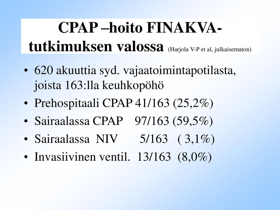 vajaatoimintapotilasta, joista 163:lla keuhkopöhö Prehospitaali