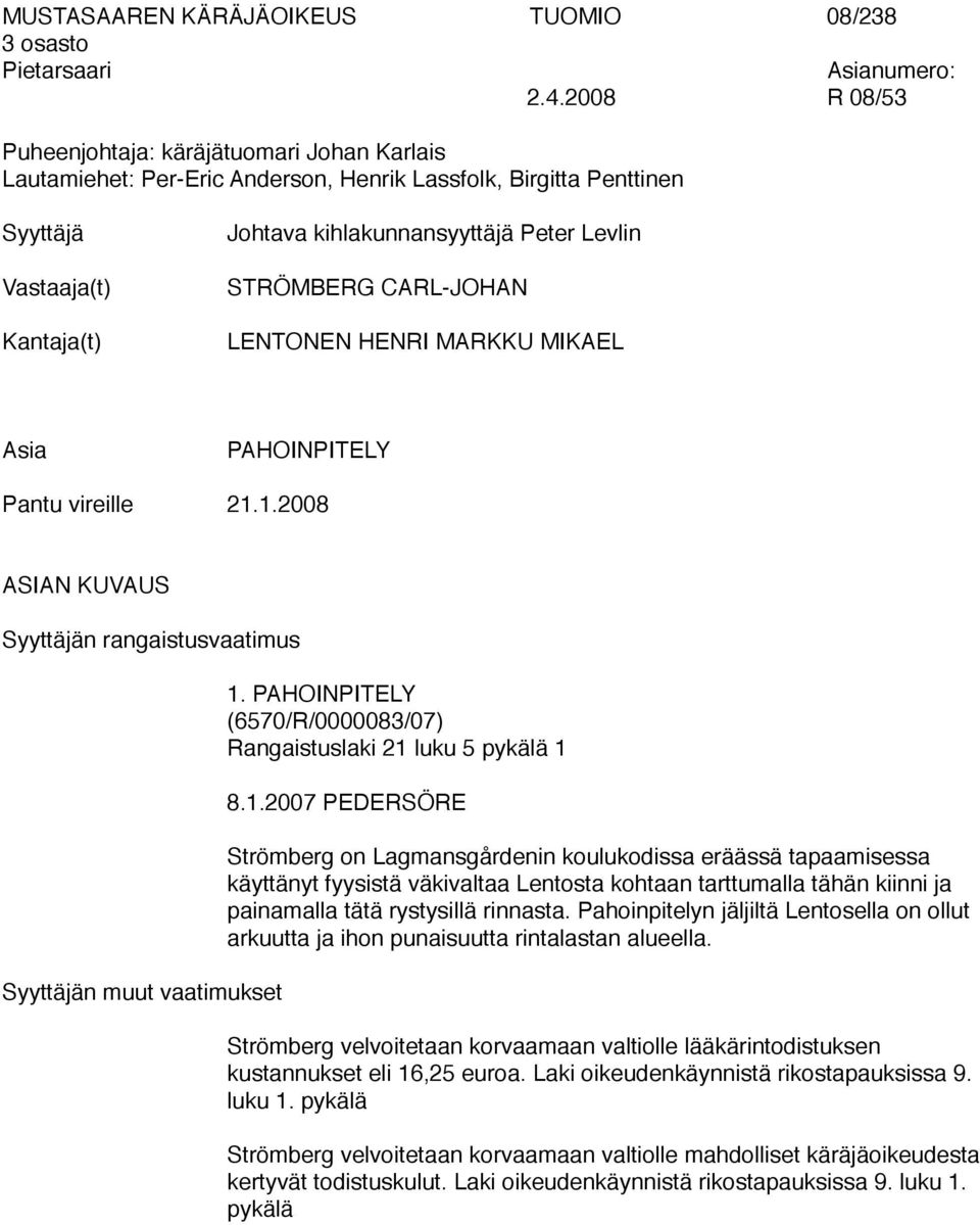 Asia Pantu vireille ASIAN KUVAUS STRÖMBERG CARL-JOHAN LENTONEN HENRI MARKKU MIKAEL PAHOINPITELY 21.1.2008 Syyttäjän rangaistusvaatimus 1.