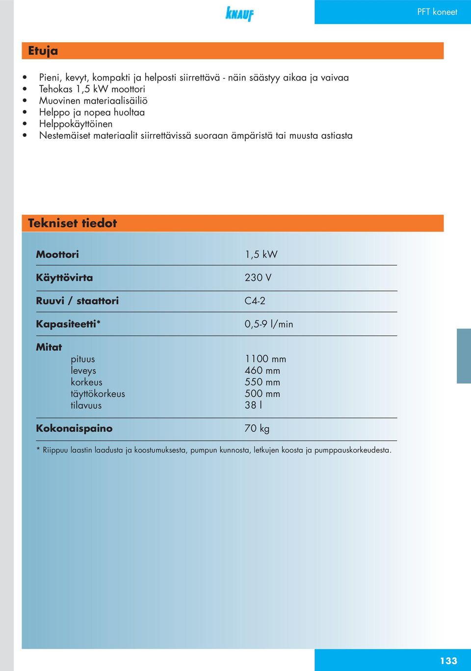 Käyttövirta 1,5 kw 230 V Ruuvi / staattori C4-2 Kapasiteetti* 0,5-9 l/min Mitat pituus leveys korkeus täyttökorkeus tilavuus 1100 mm 460 mm