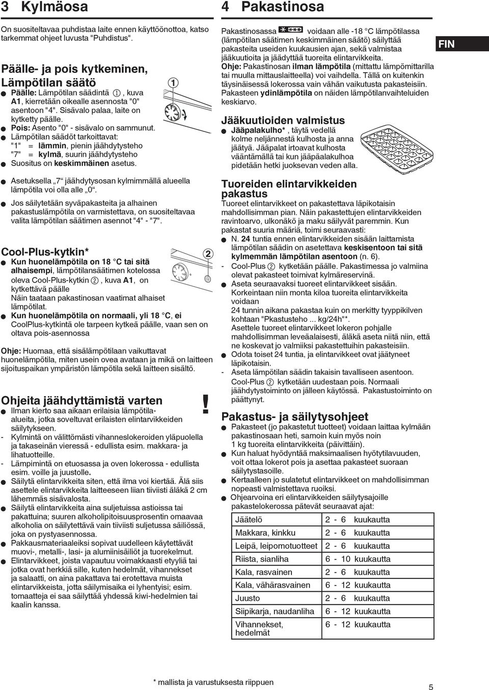 W Pois: Asento "0" - sisävalo on sammunut. W Lämpötilan säädöt tarkoittavat: "1" = lämmin, pienin jäähdytysteho "7" = kylmä, suurin jäähdytysteho W Suositus on keskimmäinen asetus.