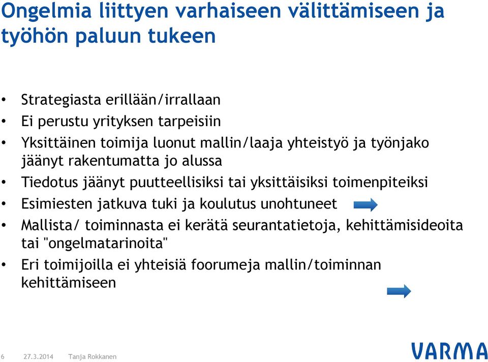 puutteellisiksi tai yksittäisiksi toimenpiteiksi Esimiesten jatkuva tuki ja koulutus unohtuneet Mallista/ toiminnasta ei