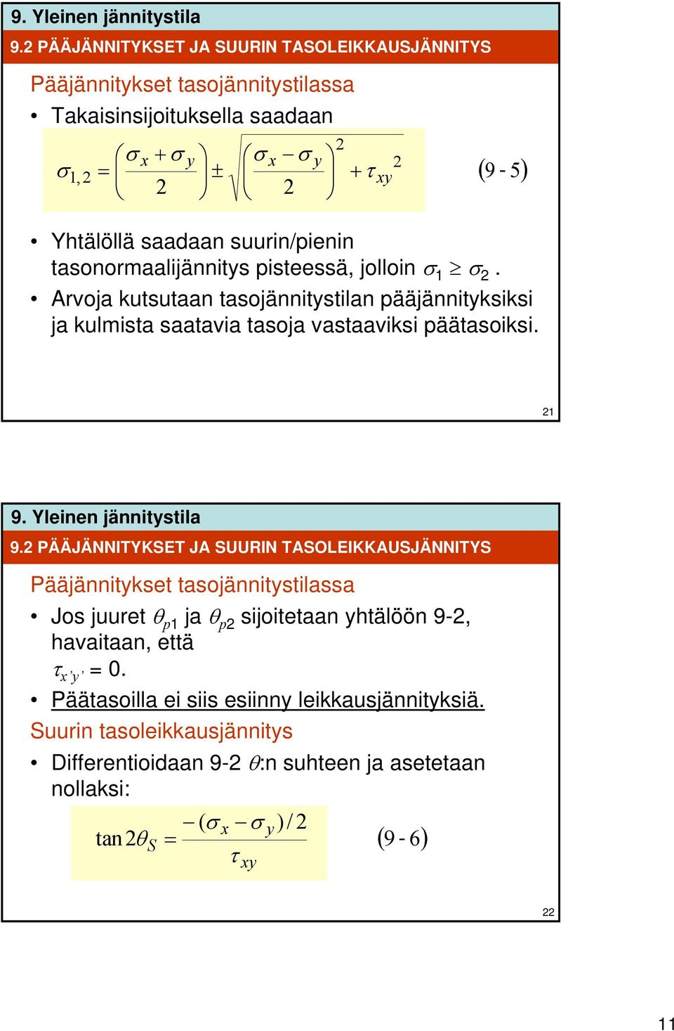 1 9. PÄÄJÄNNITYKSET JA SUURIN TASOLEIKKAUSJÄNNITYS Pääjännitkset tasojännitstilassa Jos juuret θ p1 ja θ p sijoitetaan htälöön 9-, havaitaan, että τ x = 0.