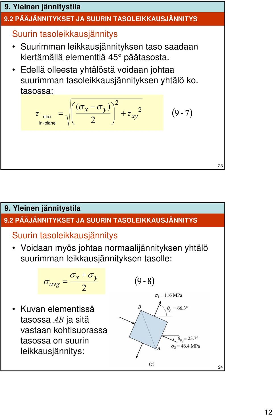 tasossa: ( x ) τ max = + τ in-plane ( 9-7) 3 9.