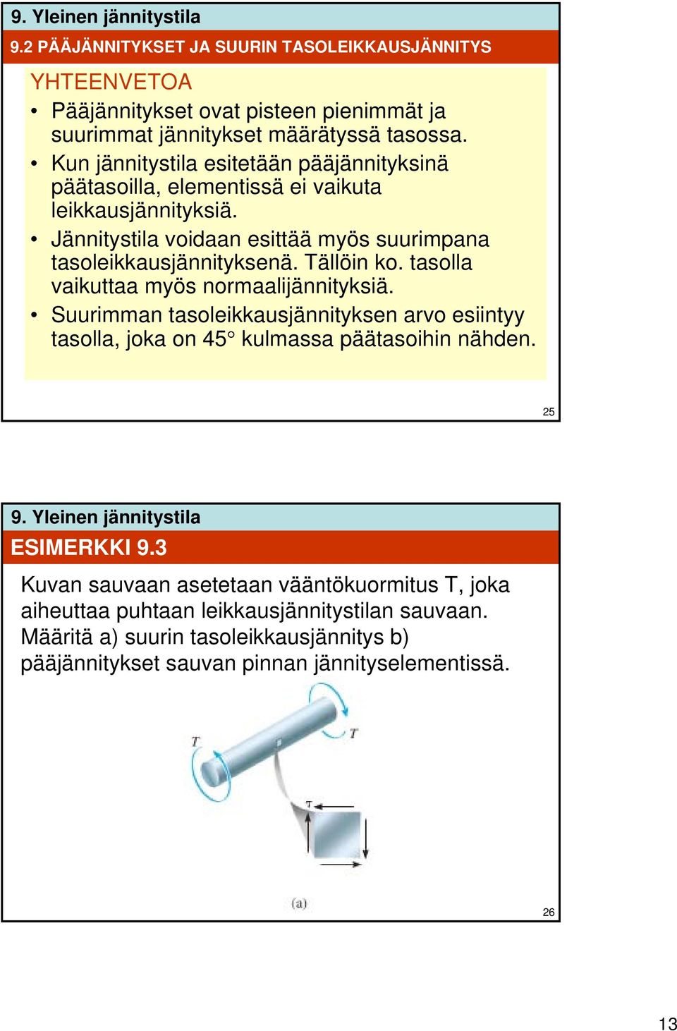 Tällöin ko. tasolla vaikuttaa mös normaalijännitksiä. Suurimman tasoleikkausjännitksen arvo esiint tasolla, joka on 45 kulmassa päätasoihin nähden. 5 ESIMERKKI 9.