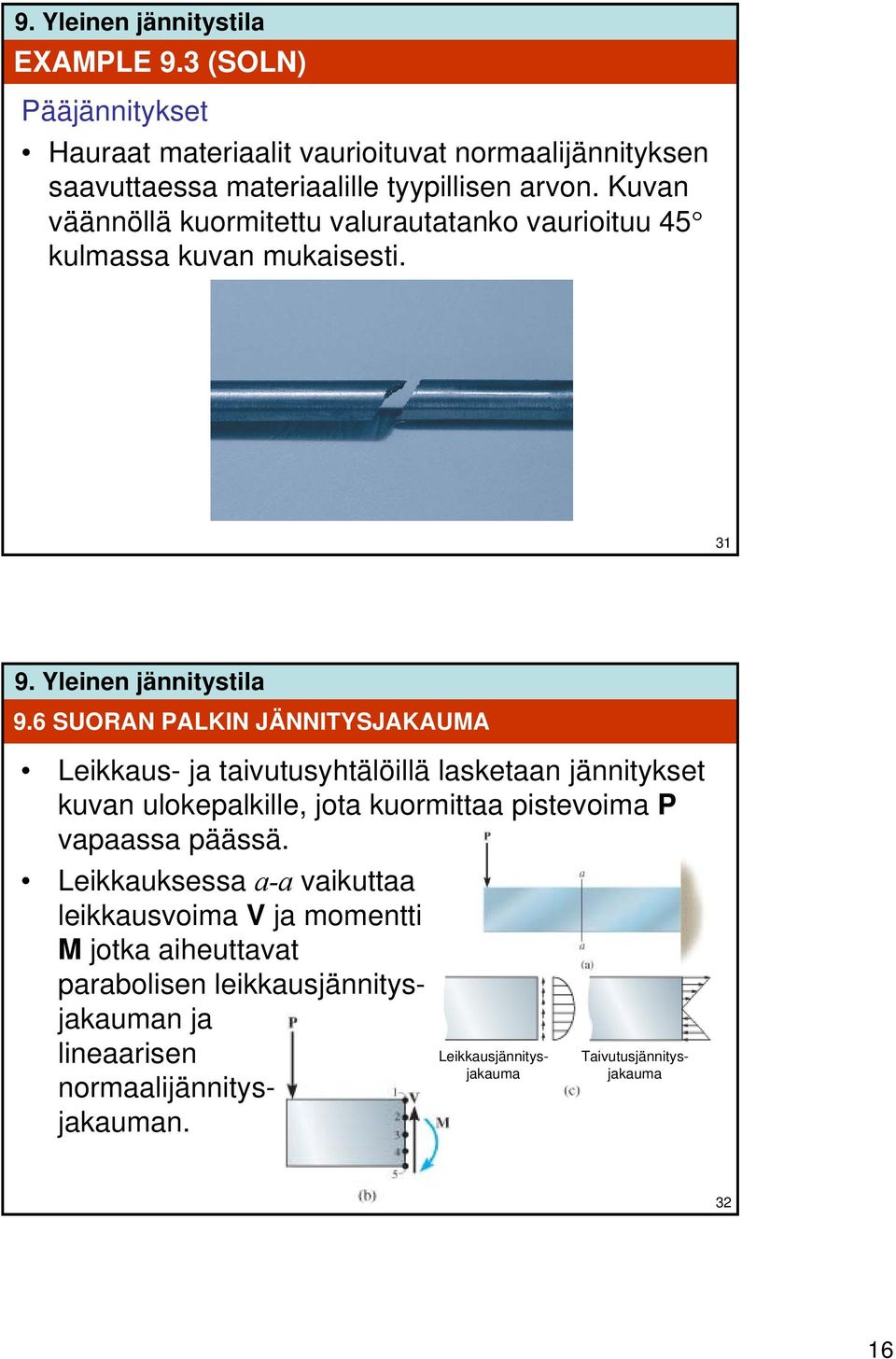 6 SUORAN PALKIN JÄNNITYSJAKAUMA Leikkaus- ja taivutushtälöillä lasketaan jännitkset kuvan ulokepalkille, jota kuormittaa pistevoima P vapaassa