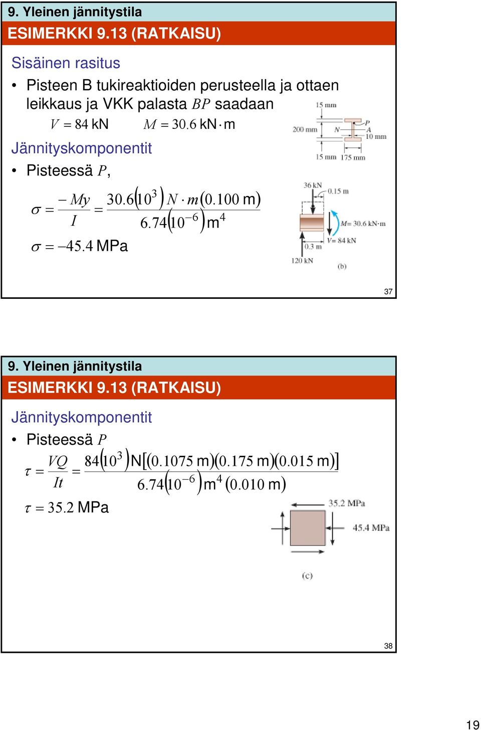 BP saadaan V = 84 kn M = 30. 6 kn m Jännitskomponentit Pisteessä P, = M I 30.6 10 = = 45.